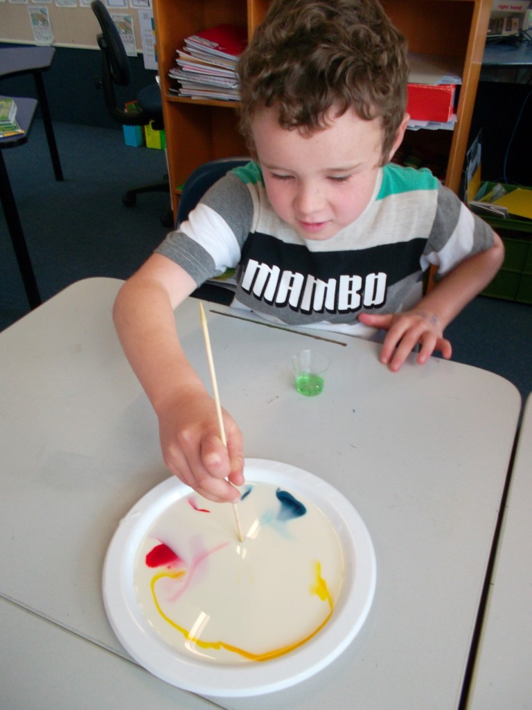 Milk, food colouring and detergent By Caidan Tomarata School